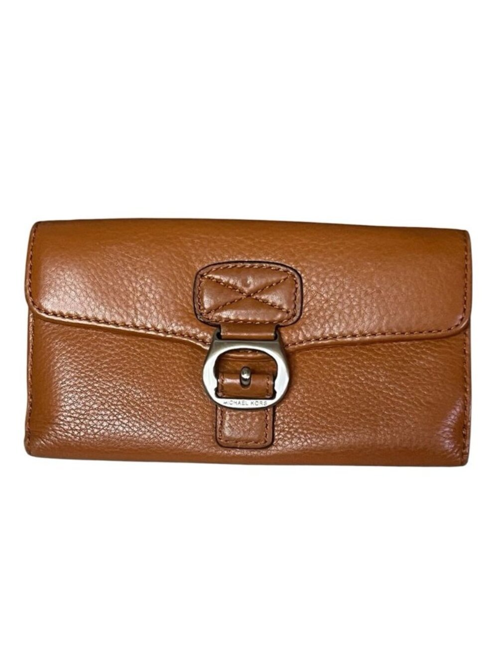 Michael Kors Pebbled Leather Buckle Wallet Brown MK Logo Clutch Card Holder